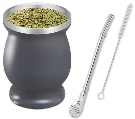 SVUPUE Yerba Mate Tasse, Yerba Mate, doppelwandiges Yerba-Teeset, Yerba-Tasse, mit Strohhalmlöffel und Reinigungsbürste, für Yerba Mate Getränke, Kaffee, Milch und Saft, Grau, 237 ml