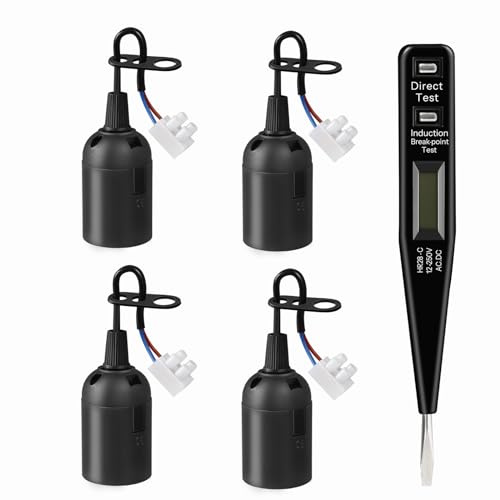 SCNNC Schwarz Fassung Renovierfassung Baustellenfassung mit VDE-Spannungsprüfer, 250V 4A E27 Ersatzfassung Max.60W, Baufassung E27 für Bauarbeiten, Küche, Wohnzimmer, 4 Stück