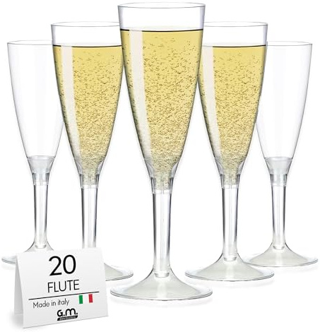 GM 20 Pezzi Bicchieri Flute Trasparenti cc.120, Calice Monouso, Usa e Getta, per Prosecco, Champagne, Bollicine, per Bar o uso Casalingo, in PET Riciclabile