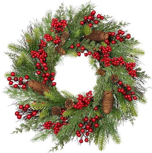 Oairse 20 inch/51cm Christmas Wreath, Christmas Wreath for Front Door Christmas Door Wreaths with Red Berries Pine Cones Cedar Leaves Aritificial Wreath for Christmas Indoor Outdoor Decorations