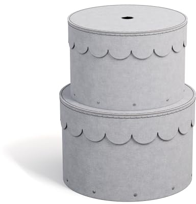 BIGSO WILMA 2er-Set runde Aufbewahrungsbox mit Deckel – Ordnungsbox mit Deckel für Kleidung, Spielzeug usw. – Dekorative runde Box aus Faserplatte und Papier in Leinenoptik – hellgrau