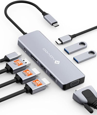 Docking Station USB C con Pantalla Cuádruple, NOVOO 8 en 1 Dual Monitor multiporta Adaptador, DP único 8K@30Hz, HDMI Dual 4K@60Hz, VGA, 2 USB A & USB C, PD 100W para MacBook, DELL, HP, Lenovo