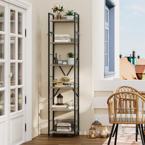 YITAHOME Bücherregal mit 6 Ebenen, bodenstehendes Standregal mit 4 Haken, Holzregal und Metallrahmen, Bücherregale, industrielles Hochregal zur Aufbewahrung für Wohnzimmer, Heimbüro, Graues