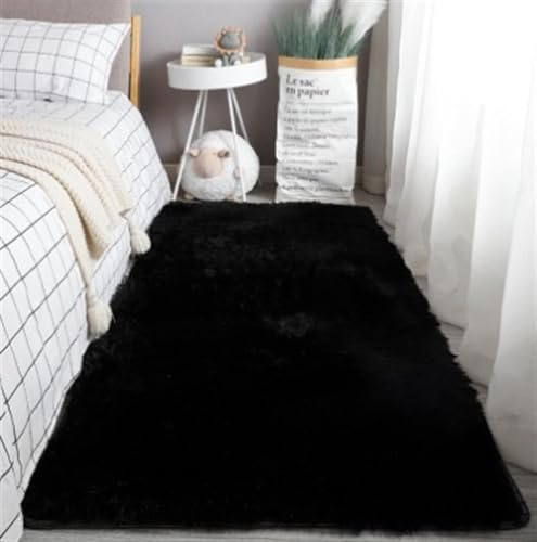 GueTTO Hochflor Teppich Modern Flauschig Weich Groß für Wohnzimmer Deko Schlafzimmer Flur Läufer Outdoor Carpet Langflor Fellteppich Kunstfell Shaggy Einfarbig Bettvorleger,Schwarz,80x160cm