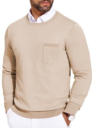 COOFANDY Herren Pullover Slim Fit Rundhals Strickpullover Business Modern Pulli mit Brusttasche Helles Koffein L