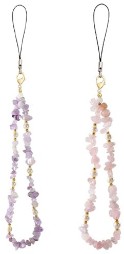 YIZWINS 2 Stück Handyanhänger, Universal Kristall Phone Chain Frauen Handykette Perlen Kurz, Handykette Handgelenk Natürlicher Kristall-Steine Handy Anhänger Kette Handyschmuck (Lila+Rosa)