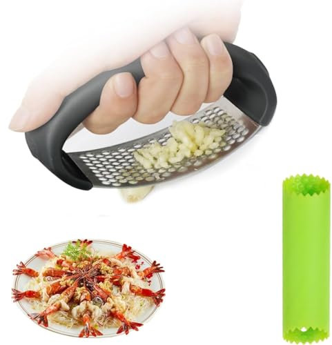 Amfun Prensa de Ajos, 2 Unidades Prensa de Ajo de Acero Inoxidable, Prensa Ajos Multifuncional, Prensa Ajos manual gadgets con Pela ajos silicona y cepillo para Cocina Moderna-Negro