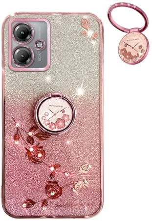 YUEQIAN Funda Glitter para Motorola Moto G54 5G, Ultra Delgado Brillante Transparente Antigolpes Carcasa, Bling Diamantes Flores Anillo Soporte Mujeres Cubierta. Rosa
