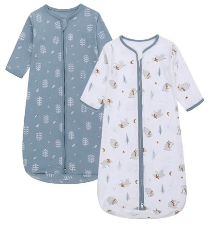 Miracle Baby 2er Pack Babyschlafsack tragbare Babydecke aus 100% Baumwolle langärmliger Schlafsack für Kleinkinder von 0 bis 18 Monaten (Bär+Blätter, L)