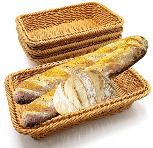 Cheardia 4 Pack Woven Bread Basket, 11.8 Inch Imitation Rattan Bread Baskets for Serving Rectanglular Food Serving Holders Storage Baskets for Display, Home, Restaurant, Party, Brown