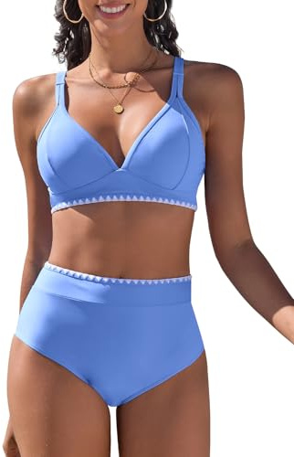 Vijamiy Costume Donna Due Pezzi Vita Alta Costumi da Bagno Push Up Sexy Bikini Mare Imbottito Reggiseno con Pizzo Bianco(Azzurro,XL)