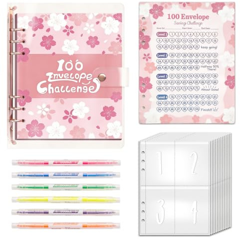 100 Envelope Saving Challenge mit 6pcs Textmarkermit zwei Spitzen | Budgetplaner und Sparmappe für Geld, A5 Ringbuch die Challenge zu meistern und in 100 Tagen 5.050 $ zu sparen Rosa