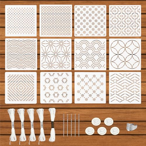 28st Sashiko Stencilkit, Innehåller 12st Geometriska Enkla Sashiko Broderimallar 1st Fingerborg 5st Nål 5 Rull Trådar 5st Fingerhållare för Hand Quiltning Sömnad Broderi
