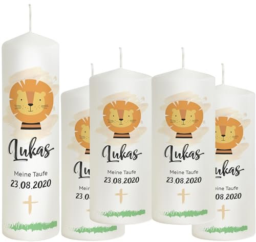 Liamoria® Taufkerze Löwe mit Name, Datum und Spruch personalisiert - Modell Lukas 25 cm - Eindrucksvolle Kerze zur Taufe (mit 4 Patenkerzen)