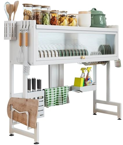Dish Drainer Rack,Over Sink Dish Drying Rack Kitchen Organization and Storage Shelf with Chopping Board and Chopsticks Rack for Drying Bowls Plates Cups (Color : Black, Size:75cm)