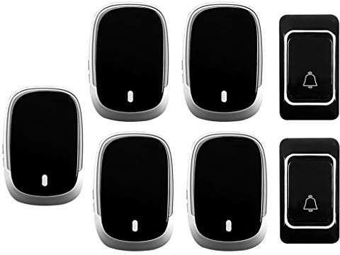 WOTZOV Timbre inalámbrico Resistente al Agua, 2 transmisores y 5 receptores, Timbre inalámbrico con Enchufe de Pared, Distancia de transmisión de 300 m, 36 melodías Musicales/4,Negro
