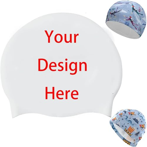 Bonnet de bain fantaisie personnalisé avec motif, bonnet de bain en silicone imperméable personnalisé pour la plage, la piscine, bonnets de bain pour femmes, hommes, adultes et jeunes (avec motif)