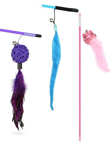 3xKatzenspielzeug mit Maus, Ball, Feder und Glocke, 3 Stück Katzenangel, Interaktives Spielzeug für Katzen, Interaktives Katzenspielzeug, , Interaktiv Katzen Zubehör (Maus-Pink/Ball-Lila/Feder-Blau)