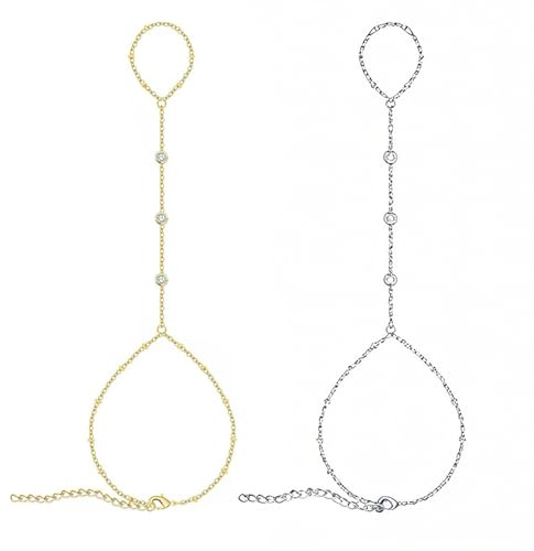 xolear 2 Piezas Pulsera para Mujer, Boho Pulsera con Anillo de Dedo Cadena, Vintage Personalice Regalo de Joyas Mano Esclava con Anillo para Mujeres Y Niñas Regalos, Oro y Plata