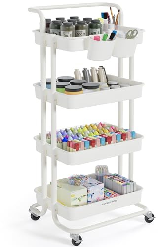 SONGMICS Carrello Scorrevole, Trolley a 4 Livelli, Carrello di Servizio con Manico e 2 Piccoli Organizzatori, Struttura in Acciaio, per Bagno Lavanderia, Bianco BSC077WZ01