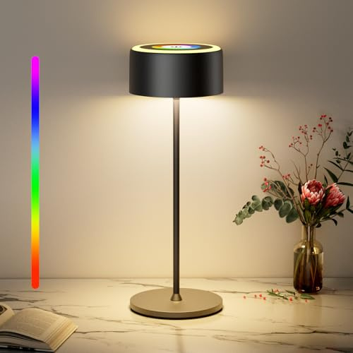 TYEE Tischlampe Kabellose LED Dimmbare Akku Tischleuchte, Wiederaufladbar 3000-6000K+RGB Tischleuchte Für Innen und Aussen mit USB-C, Aluminium Tischlampe IP54 Wasserdichte, Schwarz
