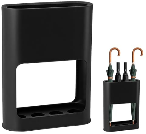 VGECEE Portaombrelli, Portaombrelli in Plastica Nero con Vassoio Antigoccia Rimovibile Portaombrelle Ovale 4 Slot Portaombrelle Autoportante per Casa e Ufficio per Ombrelli Lunghi/Corti 28 x21.5x 8cm