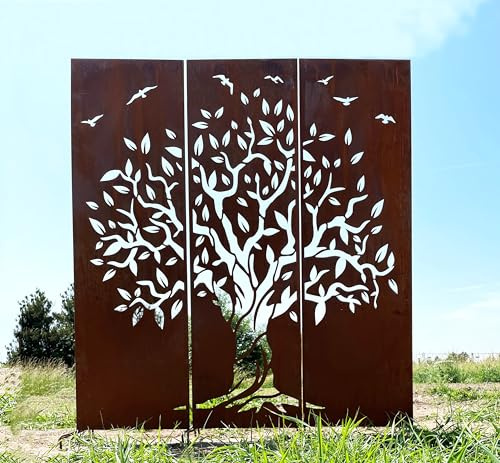 STEINFIGURENWELT GIEBEN Edelrost 3er Set Sichtschutz Baum Motiv 165 cm x 150 cm Paravent zum Stecken Schild Gartenschild Gartenstecker Edelrost Gartendeko Wetterfest Rost Metall Zaun