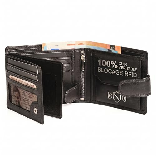 HansGo Portefeuille Homme Cuir Veritable - Portefeuilles et Portecarte avec Blocage RFID- Porte Monnaie Homme - Grande Capacite Poche à Glissière Pièces de Monnaie – Porte Carte Bancaire.