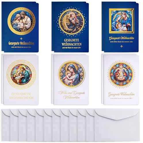 art nuvo Weihnachtskarten mit Umschlägen Din A6 – 12er-Set exklusiver Karten. 6 Designs, je 2 Karten, mit weißen Umschlägen.