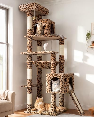 Globlazer Árbol Rascador Leopardo Esquina para Gatos Alto 178 cm con Hamaca, 2 Nidos, Plataformas, Tabla Rascar Sisal, Peluche Juguetes, Estable Torre para Grande Gatos Adulto (F70 Pro, Leopardo)