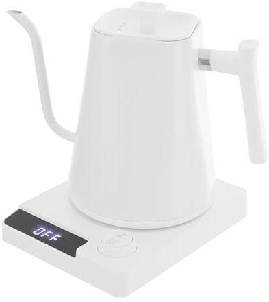 Bouilloire électrique, en acier inoxydable, col de cygne avec réglage de la température et écran LED, Coffee Kettle, 1 l, chauffage rapide 1200 W, blanc