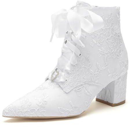HFWXYSA Stivali da Sposa con Tacco A Blocco per Donne, Lacci, Zip Laterale, Punta Appuntita, Stivaletti Corti alla Caviglia,Bianca,38 EU