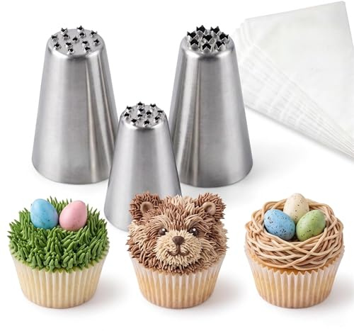 3 Grass Piping Nozzles with 20 Disposable Bags 12 Inch, Cake Decorating Piping Nozzles for Cupcakes, Biscuits & Buttercream