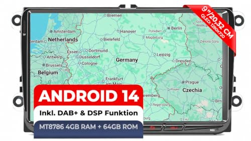 M.I.C. V9-S Android 14 Autoradio für VW/Skoda/Seat RNS/RCD Golf5/6 | MT8786,4G+64G,9 Zoll QLED,inkl. DAB+,SIM/4G,Wireless CarPlay & Android Auto,GPS Navigation,BT5,36-Band-DSP,Rückfahrkamera