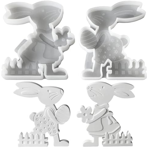 Silikonform Ostern Hase, Silikonformen Gießformen Ostern, Paar Silikonform Osterhase mit Osterei & Blumen, Gießform Oster Hase, Gießform Osterhasen, Gipsformen zum Gießen Hasen für Beton Gips (A)