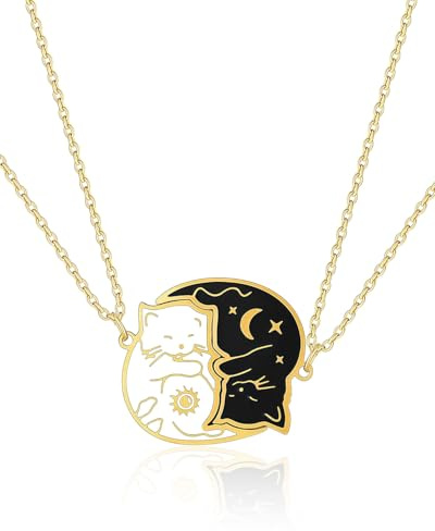 LEEQBCR 2 Stück Katzen-Freundschaftsketten BFF Beste Freundin Halskette, für Paare Schwarz Weiß Anhänger Schmuck Geschenke, Katze Yin Yang Freundschaftskette