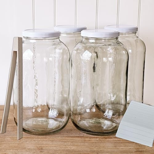 OOPS TOYS XXL Einmachglas 4250 ml mit Schraubdeckel – Vorratsglas mit Etikett & Holz-Zange – Großes Glas zum Einlegen, Fermentieren & Aufbewahren (4 Stk.)