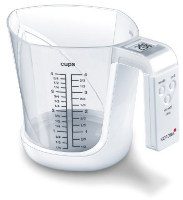 Korona 75877 Báscula de vaso medidor MIA | Capacidad de carga 3 kg, división 1 g | Incluye vaso medidor 1,0 L | pantalla LCD de fácil lectura | Función de suma de tara | Batería incluida