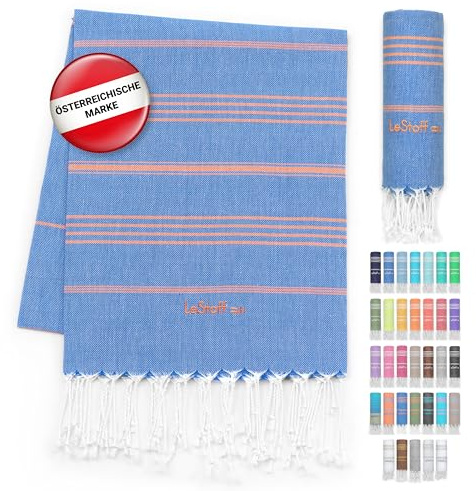 LeStoff Hamamtuch Sporttuch, 100% Bio-Baumwolle, 95x180 cm, Blau/Orange | Fitnesshandtuch, Yogahandtuch und großes Handtuch – leicht, kompakt, vorgewaschen, saugstark und schnelltrocknend