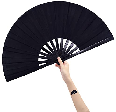 Amajiji Large Rave Fan Folding Hand Popping Fans for Line Dancing, Big Clacking Fans Clap Fan for Dance,Party,Decoration,Festival (Black)