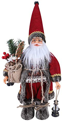 11” Creative Santa Figurine Figure Collectible Christmas Standing Santa Claus with Fur Robe Boots Gift Bag Xmas Decorations Ornaments for Home Party Tabletop Window Fireplace Decor Xmas Presents