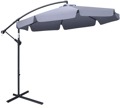 Outsunny Decentred Sombrilla de jardín de 2,7x2,7 m con dosel ajustable, base en cruz, tomas de aire, manivela, inclinación de metal y poliéster, para terraza de patio, gris oscuro