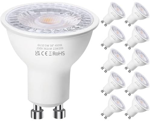 Levidon GU10 LED Bulbs, Cool White 6500K, 4.9W LED GU10 Spotlight Bulb, 50W Halogen Bulb Equivalent, 362LM 220-240V 38 Degree Narrow Beam Angle Non-dimmable - Pack of 10