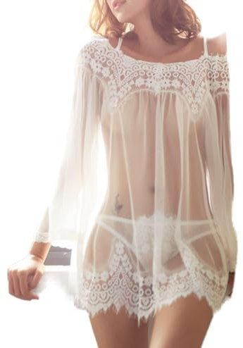 Spitze Nachthemd Off Shoulder Spitze Perspektive Nachthemd Pyjamas Damen Sexy Unterwäsche Set Nachtwäsche Kleid Schulterfrei Bell Sleeve Gymnastikanzug Perspektive Lace Tüll Nachtwäsche