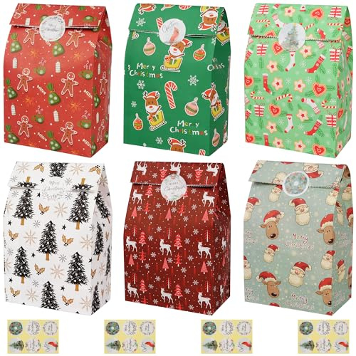 AWCIGG 24 Stück Papiertüten Weihnachten Kekstüten Papier Geschenktüten Kraftpapier Tüten zum Befüllen mit 24 Stück Aufklebern Geschenk Verpackung Kleine Paper Bags