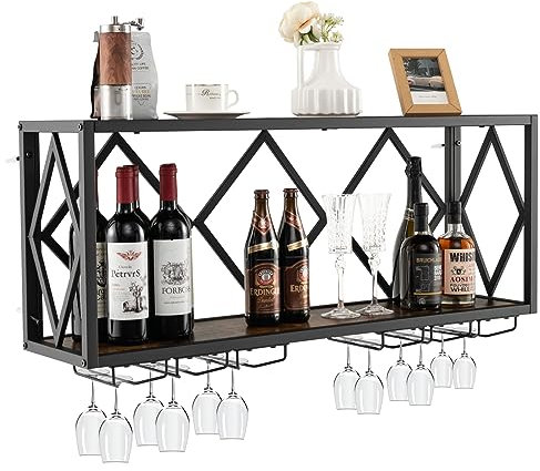 COSTWAY Weinregal Wand, 2 Ebenen Flaschenregal Holz mit Metallrahmen, mit 6 Reihen Weingläserhalter, Industrial Design, ideal für Zuhause, Bar, Küche und Restaurant