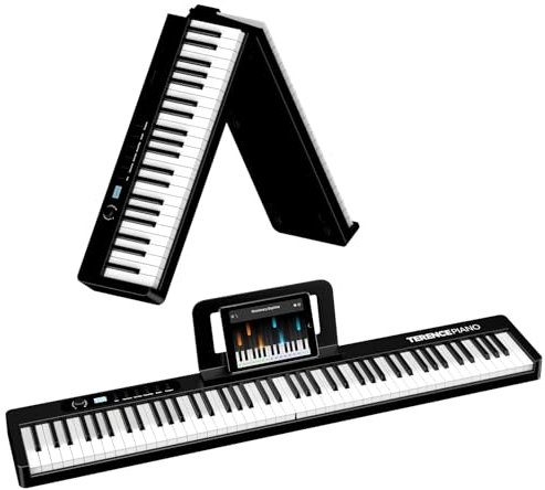 TERENCE Piano Keyboard with 88 Keys Foldable Digital Piano with 1750mAh Battery Semi Weighted Keyboard with Display Function Keys Support MIDI Interface Bluetooth Sheet Music Stand Sticker Bag