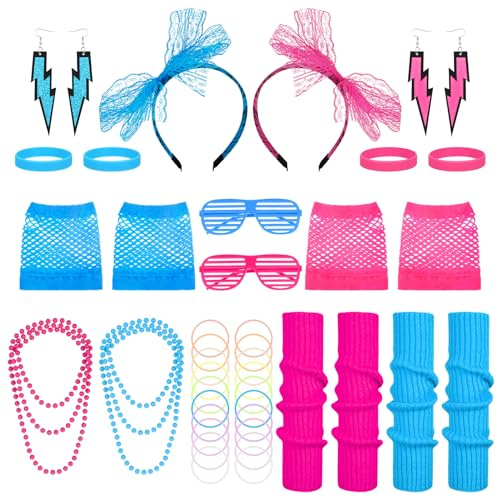 FRIUSATE 80er-Jahre-Kostüm für Damen, 80er-Jahre Accessoires mit Beinstulpen, Spitze, Schleife, Stirnband, Halsketten, Armband, Fischnetzhandschuhe, Neonzubehör für Damen und Kinder, Retro-Partys, 42