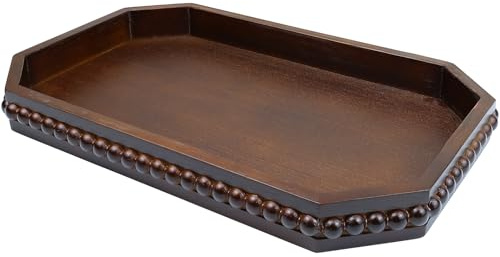 Hrastany Retro Brown Wood Serving Tray with Beads, Farmhouse Decorative Tray for Table Centerpiece, Christmas Wedding Halloween Home Decor