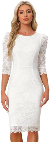 Allegra K Vestito Elegante Donna in Pizzo Floreale Tubino Maniche 3/4 Girocollo Abito Aderente da Lavoro Ufficio per Festa di Halloween Bianco M